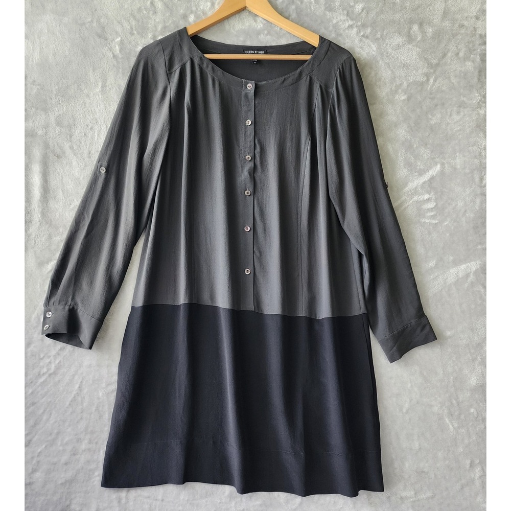 Eileen Fisher Silk Tunic Dress Womens Size Small Black Gray Pockets Button Front